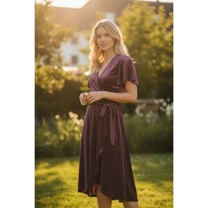 Badgley Mischka Glitter Velvet Wrap Dress Midi Flutter Sleeve Burgundy‎ PXL